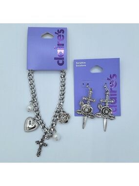 Claire's Silver Charm Necklace & Earring Set NEW #0010